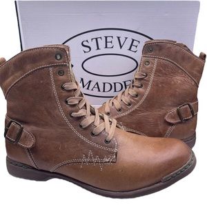 Steve Madden leather fur fleece lined tan lace up boots Size 9